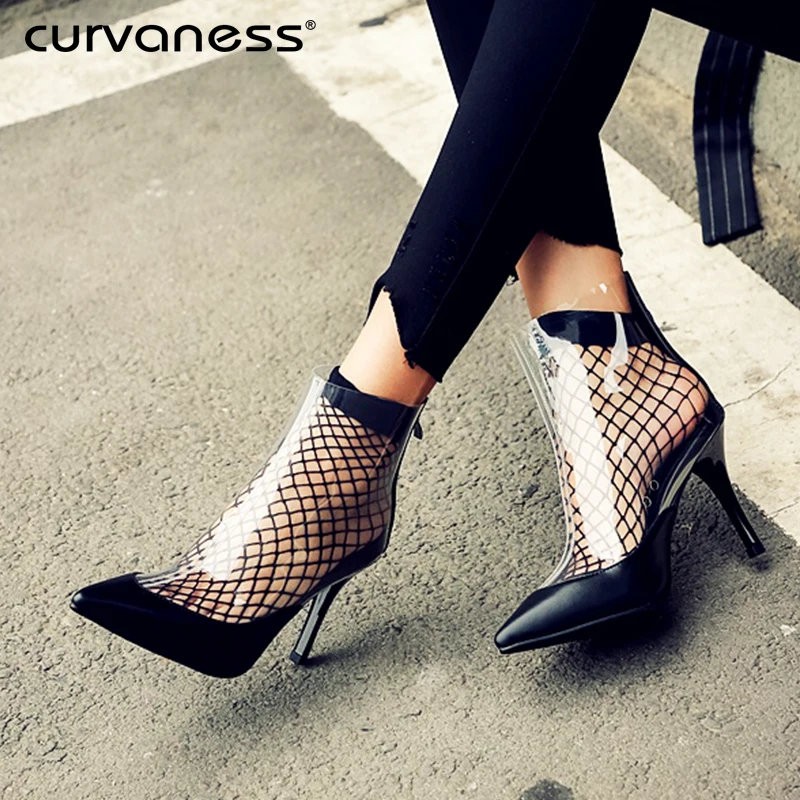 Curvaness Clear Boot Women Transparent High Heels Ankle Boots Zipper Point Toe Lady Booties Fashion Motorcycle Summer 2019 | Обувь