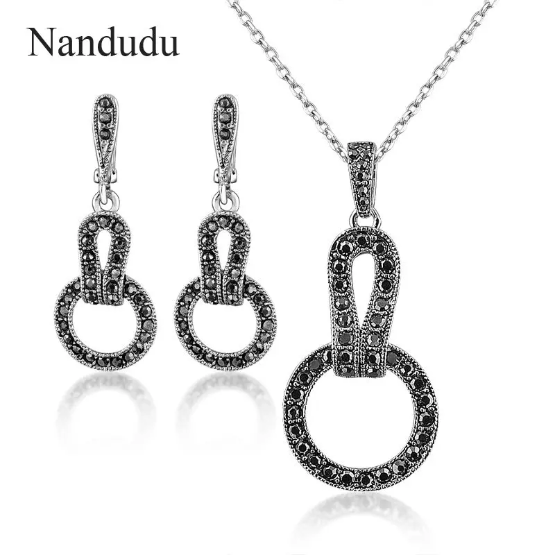 

Nandudu lady marcasite Jewelry set black circle necklace earring fashion jewelry gift for women N1342