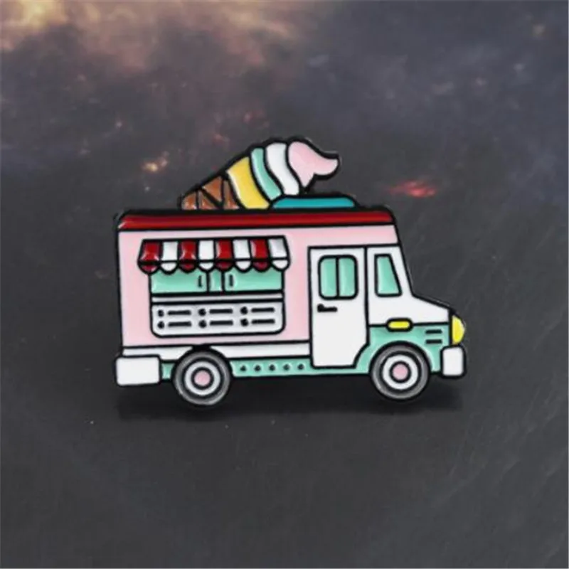 

WKOUD Cartoon Pink Car Brooches for Women Colorful Sweet Ice Cream Truck Enamel Pin Denim Collar Badge Icon Button Jewelry