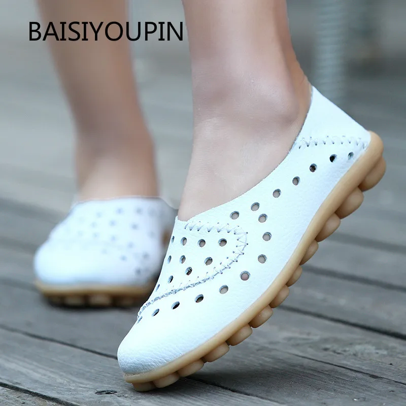 

Plus Size Summer Flat Casual Genuine Leather Women Hole Shoes Fashion Round Toe Slip-On Non-slip Solid Sport Female Shoes 35-44