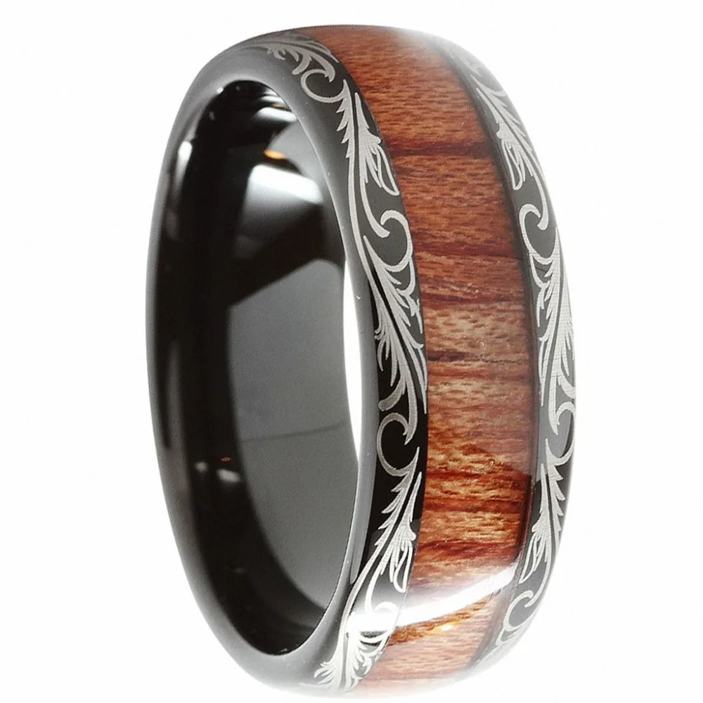 Unisex 8mm Black Tungsten Carbide Ring Koa Wood Inlay Dome Comfort Fit