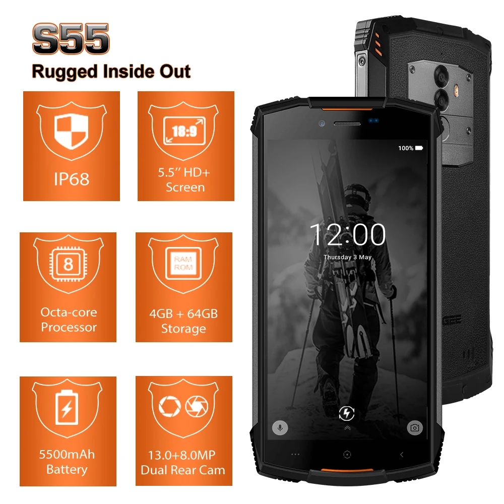 Смартфон IP68 DOOGEE S55 ОЗУ 4 Гб ПЗУ 64 водонепроницаемый двухсимочный телефон 5500 мАч
