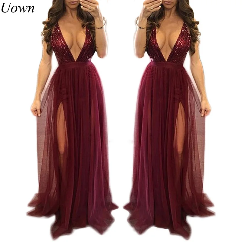 Buy Cheap Women Summer Spaghetti Strap Party Dresses Elegant Long Maxi Dress Burgundy Backless Deep V-Neck Sequined Sexy Ball Gown Dresses