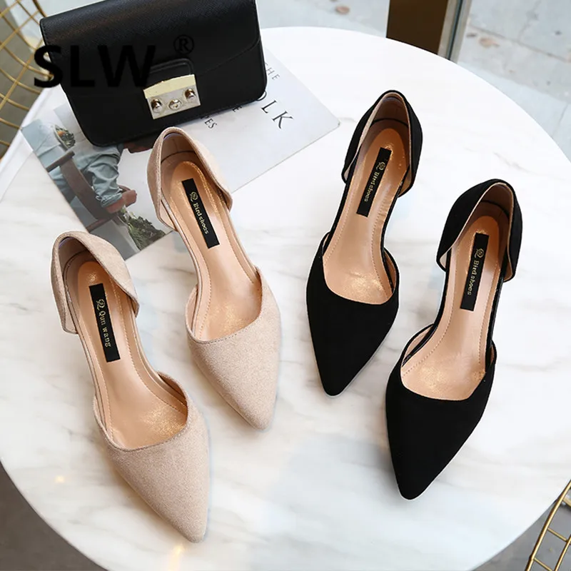 

Mary Janes High block heel shoes high heels sandals women woman Thin Heels soulier femme Flock Pointed Toe Leisure Shallow