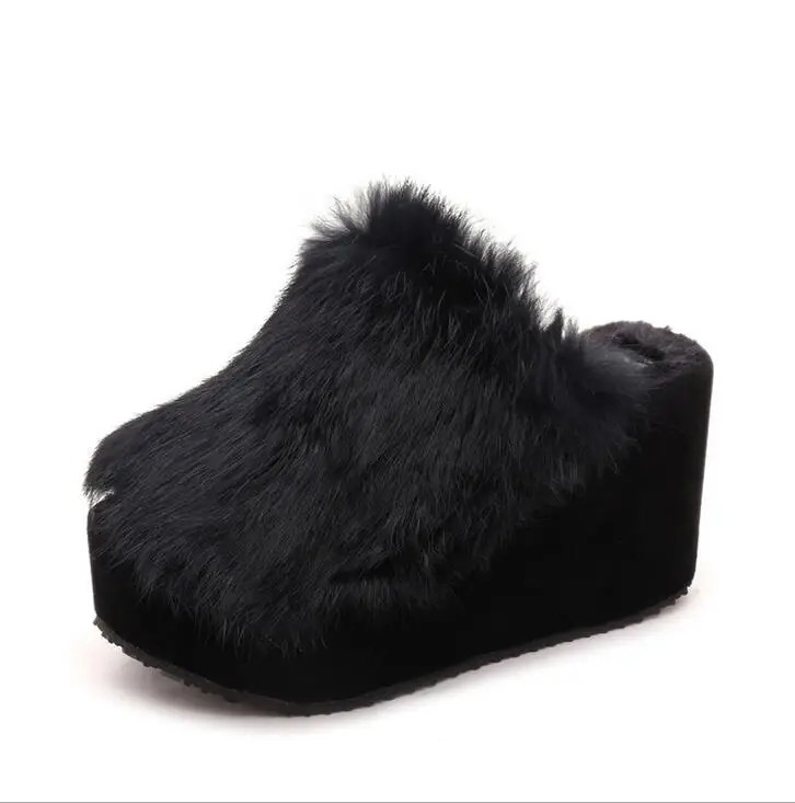 Fall winter new large fur rabbit 9cm wedges heel slippers wholesale fashion women thick plush ...
