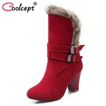 

Coolcept Size 33-43 4 Colors Women Mid Calf Boots Plush Fur Round Toe Buckle High Heel Boots Winter Shoes Women Footwear