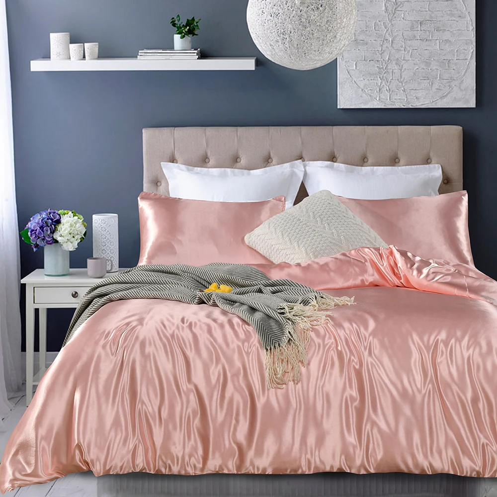 

Satin Silk Solid Color Bedding Set Quality Home Textile Queen King Size Bed Set Cool Summer Pink Bedclothes Duvet Cover Flat She