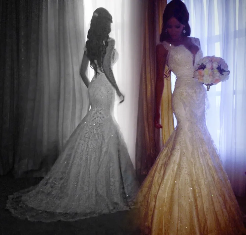 116-1     2019 Sexy White Lace Mermaid Wedding Dresses Plunging V Neck Cap Sleeves Pearls Beaded Appliques sweep Train Bridal Gowns 2019