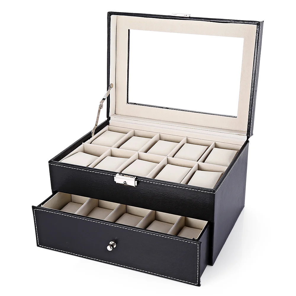 

20 Grids Watch Box Collection Classic Leather Watch Case Plastic Top Quality PU Leather Watch Winder High Capacity Display Box