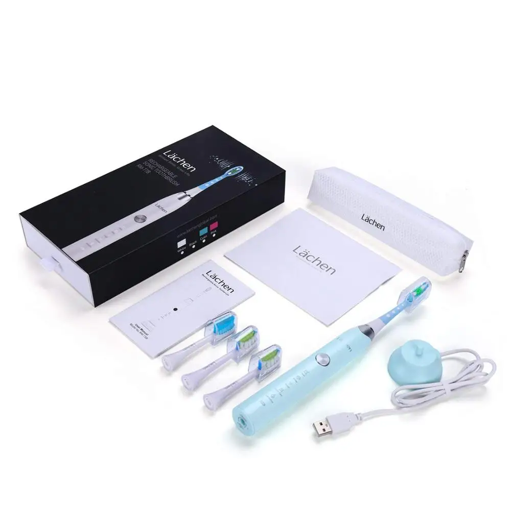 Lachen RM-T7B электрическая ультразвуковая зубная щетка с 4 щеточными головками и таймером 5 режимов USB зарядка 60 дней Срок службы батареи IPX7 - Цвет: Зеленый
