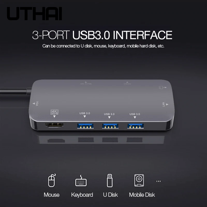 UTHAI J09 type C 9в1 Мульти USB 3,0 концентратор HDMI адаптер док-станция для MacBook Pro Аксессуары Usbc 3,1 сплиттер 3 порта USB C кардридер