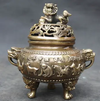 

14 cm */ China Bronze Lion Beast Head 12 Zodiac Year Animal Incense Burner