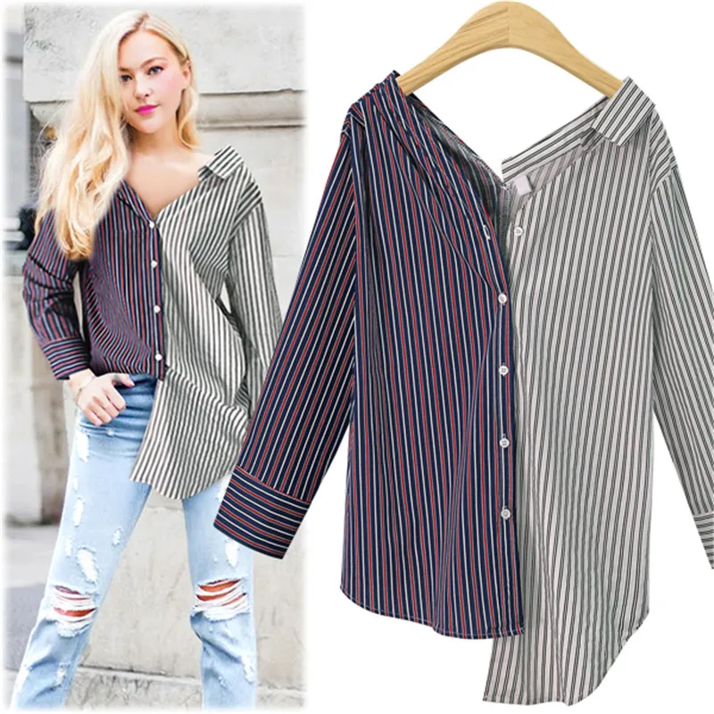 

Hodisytian New Fashion Women Shirts Loose Autumn Blusa Mujer Deep V Asymmetrical Blouse Patchwork Long Striped Shirts Plus Size