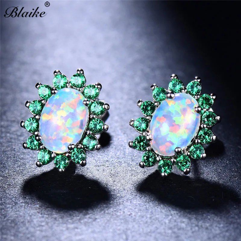 

Blaike Big Oval White Fire Opal Green/Blue Zircon Stud Earring For Women 925 Sterling Silver Filled Birthstone Jewelry Xmas Gift