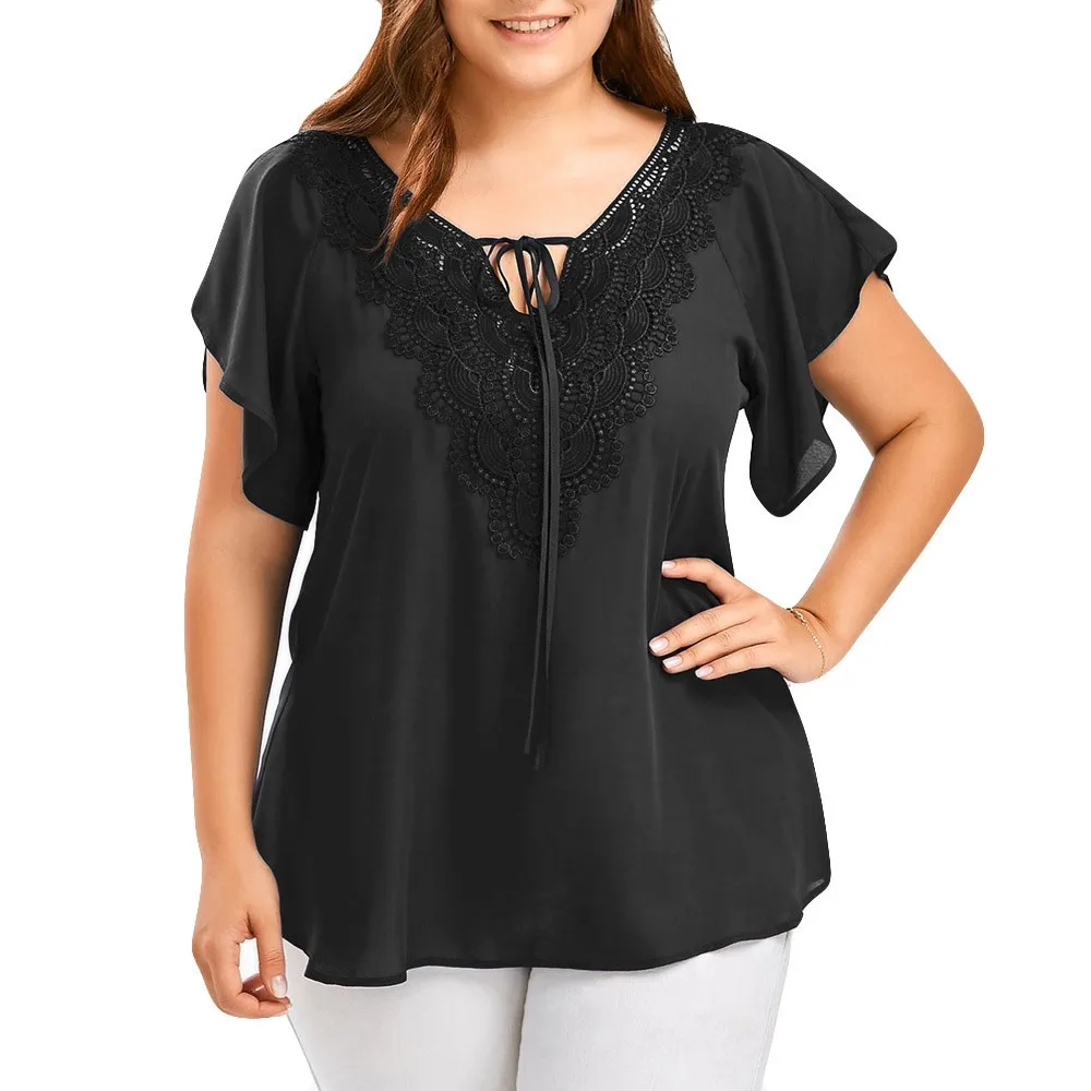 Plus Size Summer Fashion Patchwork Lace up Blouse Ladies Tops Loose Top Female Women Half Sleeve Shirt 