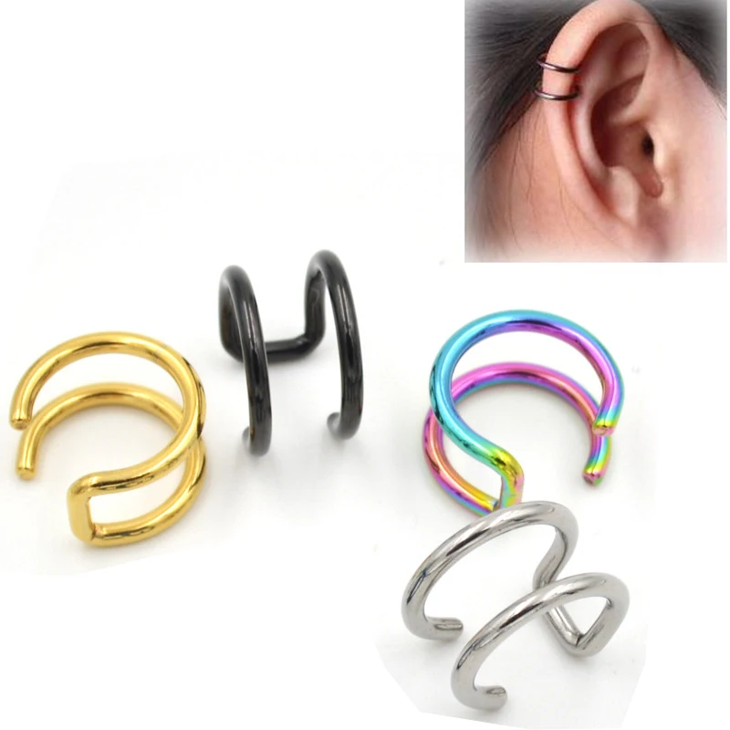 

16G 316L Stainless Steel Ear Clip Cuff Wrap Earrings No piercing Fake 2 Rings False Ear Jewelry