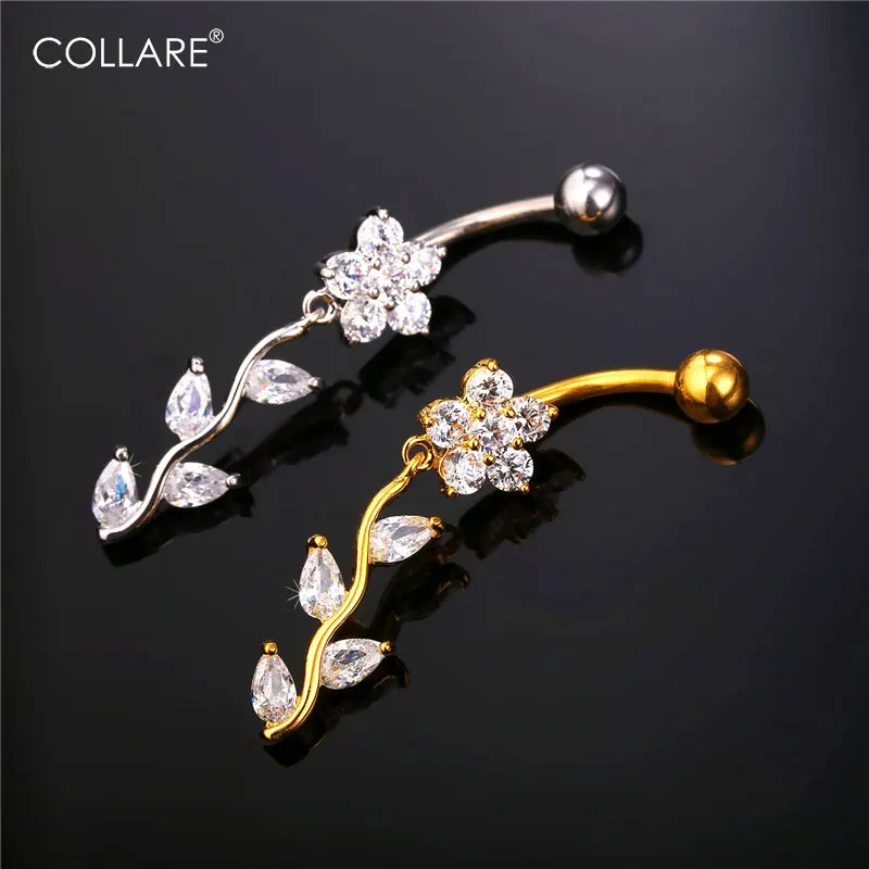 Collare Crystal Long Belly Button Ring Rose For Women Party Yellow Gold/Silver Color Navel Body Charm Jewelry DB114 |