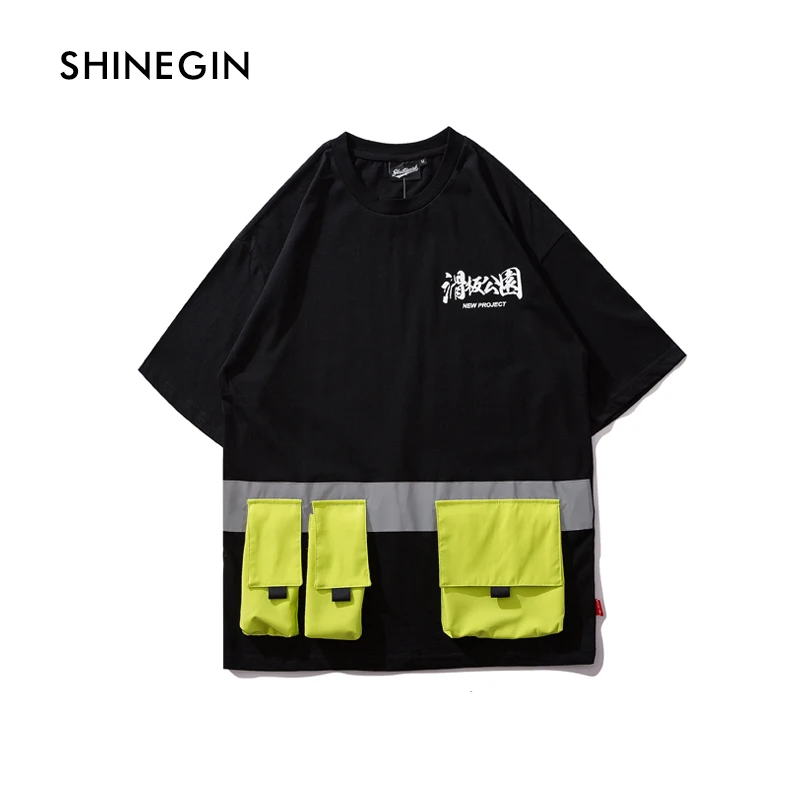 

SHINEGIN Multi-pocket hip hop tshirt funny men shirt 2019 summer tactical loose t shirt men harajuku fashion tee shirt 309S