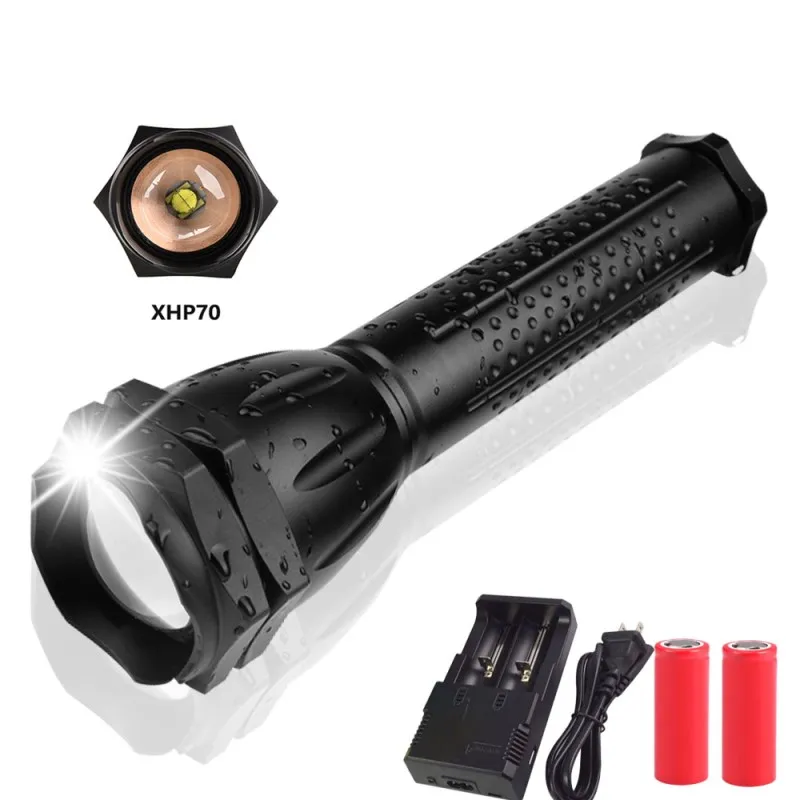 

XHP70 LED Flashlight 40W Chip 40000Lumes Powerful 26650 Battery Tactical LED Flash Light Rotary Zoom LED Torch for Camping