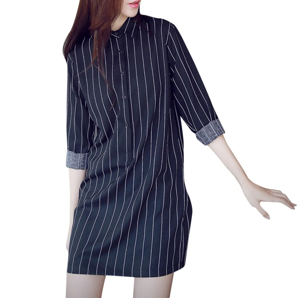 

MUQGEW women elegant dress striped printed dress Fashion Women Shirt Dress Long Sleeve Lapel Stripe Dress Leisure Dress#y4