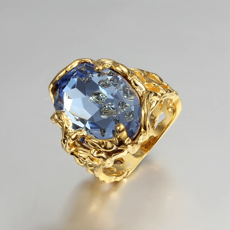 

Large discount gold color blue CZ crystal finger ring woman luxury party jewelry Christmas gift drop shipping anel bague