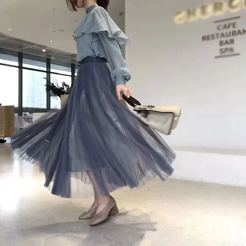 

High Quality 2019 New Mesh Cascading Pleating Casual Tulle Skirt Women'S Flash Lining + Folds Mesh Yarn Long Section Half Skirt