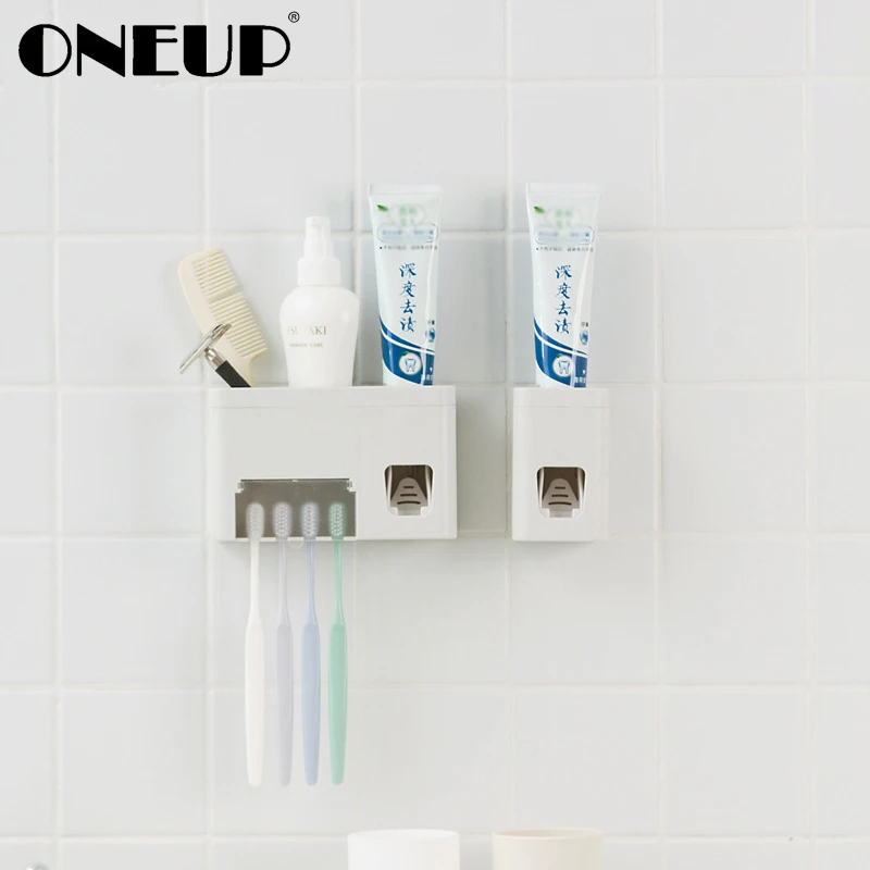 

ONEUP High Quality Bathroom Accessories Automatic Toothpaste Dispenser Squeezer Wall Mount Suction Toothbrush Holder Organizer
