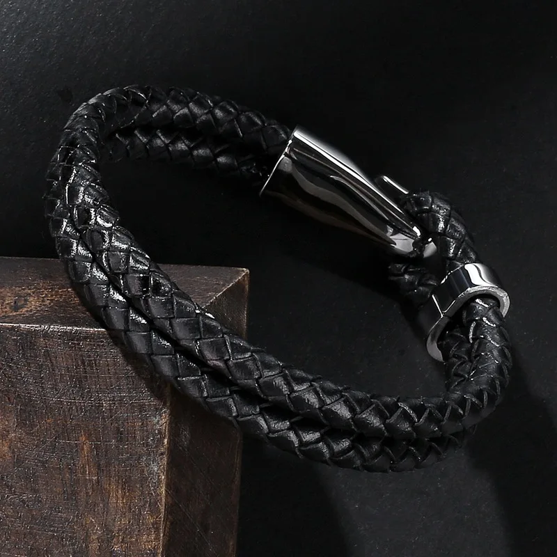 

Men's Stainless Steel Buckle Black Leather Cord Braided Bracelet Men Simple Classic Double Layer Bracelets Punk Wristband Gift