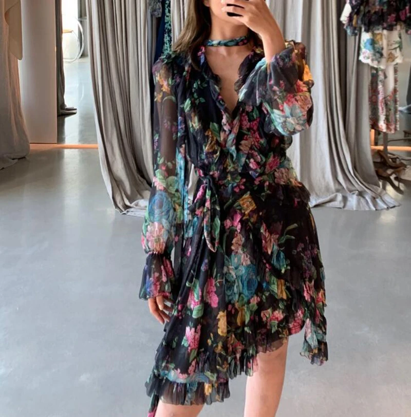 

2019 High Quality ZIM Style Runway Dress Women Sexy V Neck Floral Print Ruffles Dress With Sling Dress Female Holiday Party Boho