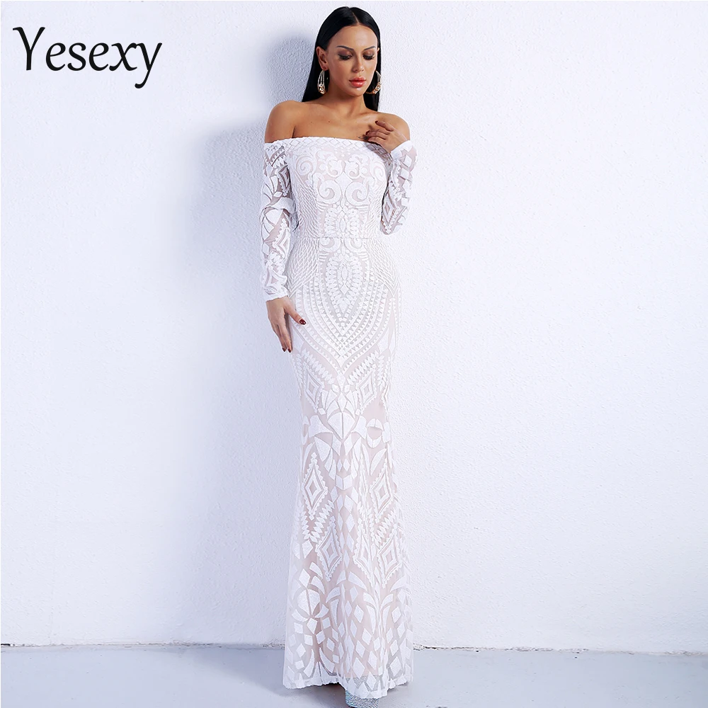 

Yesexy 2019 Sexy Slash Neck Long Sleeve Retro Geometry Party Dresses Female Sequin Maxi Dress VR8249