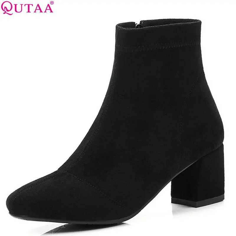 

QUTAA 2019 Flock Fashion Women Ankle Boots Platform Zipper Flock Square High Heel Winter Women Motorcycle Boots Big Size 34-43
