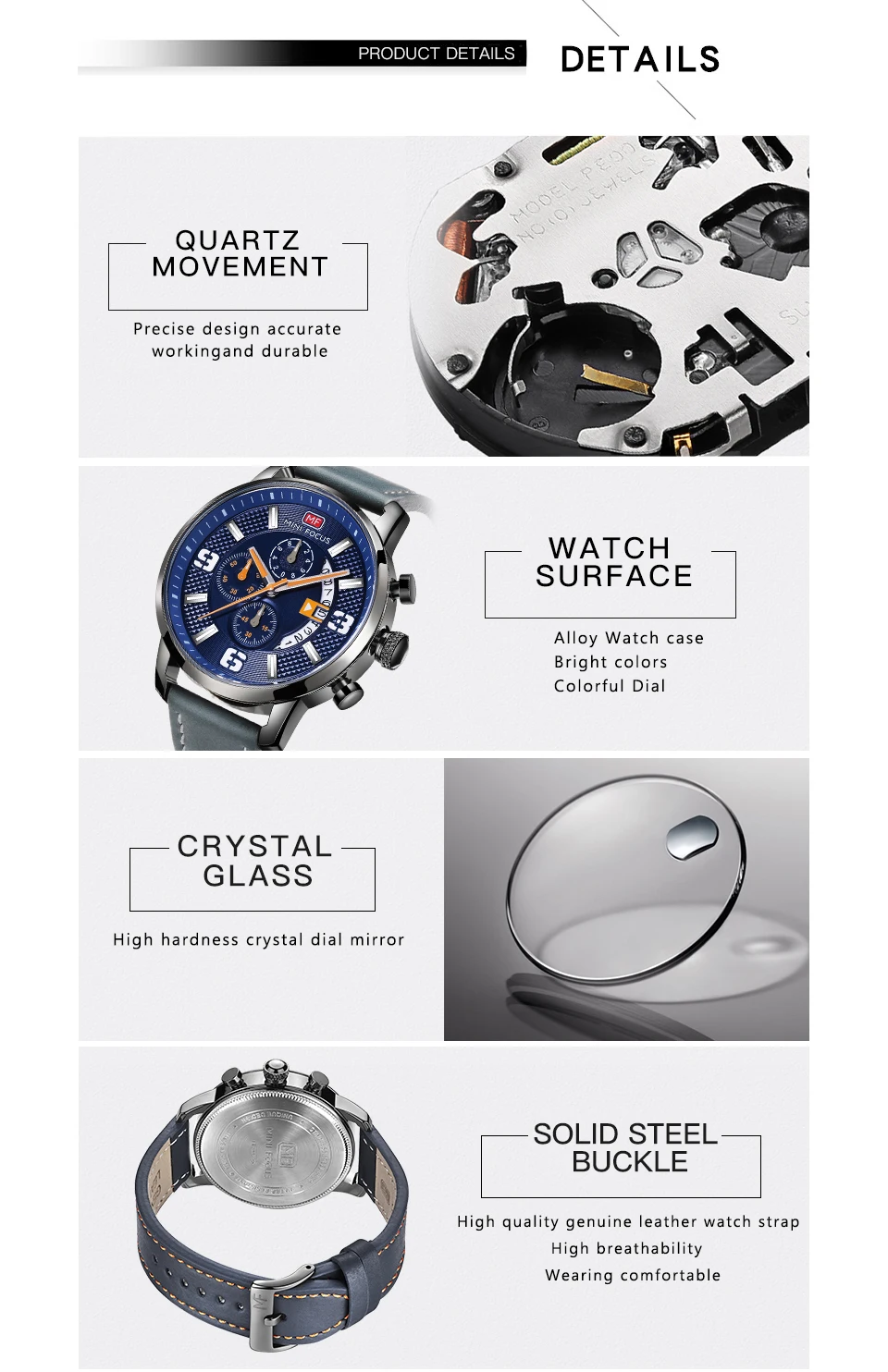 Мини фокус спортивные часы хронограф для мужчин кварцевые синий циферблат календари кожаный ремешок многофункциональные наручные часы водонепроница