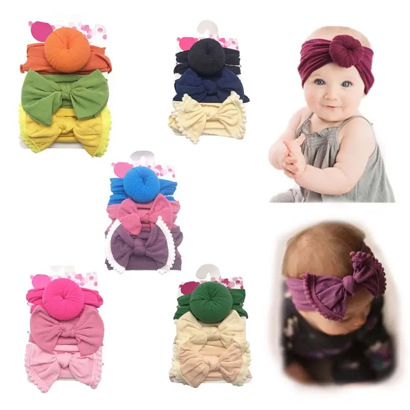 

KLV 3 Pcs/set New Baby Hair Band Children Nylon Bow Donut Headband Infants Stretch Hair Accessories Fashion Cute Kids Headdress