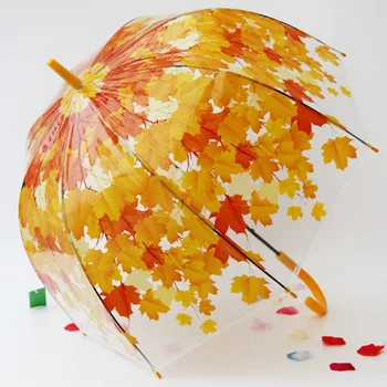 

Transparent PVC Long Handle Apollo Autumn Princess Umbrella Mushroom Plastic Clear Women Rain umbrella Green Red Leaves