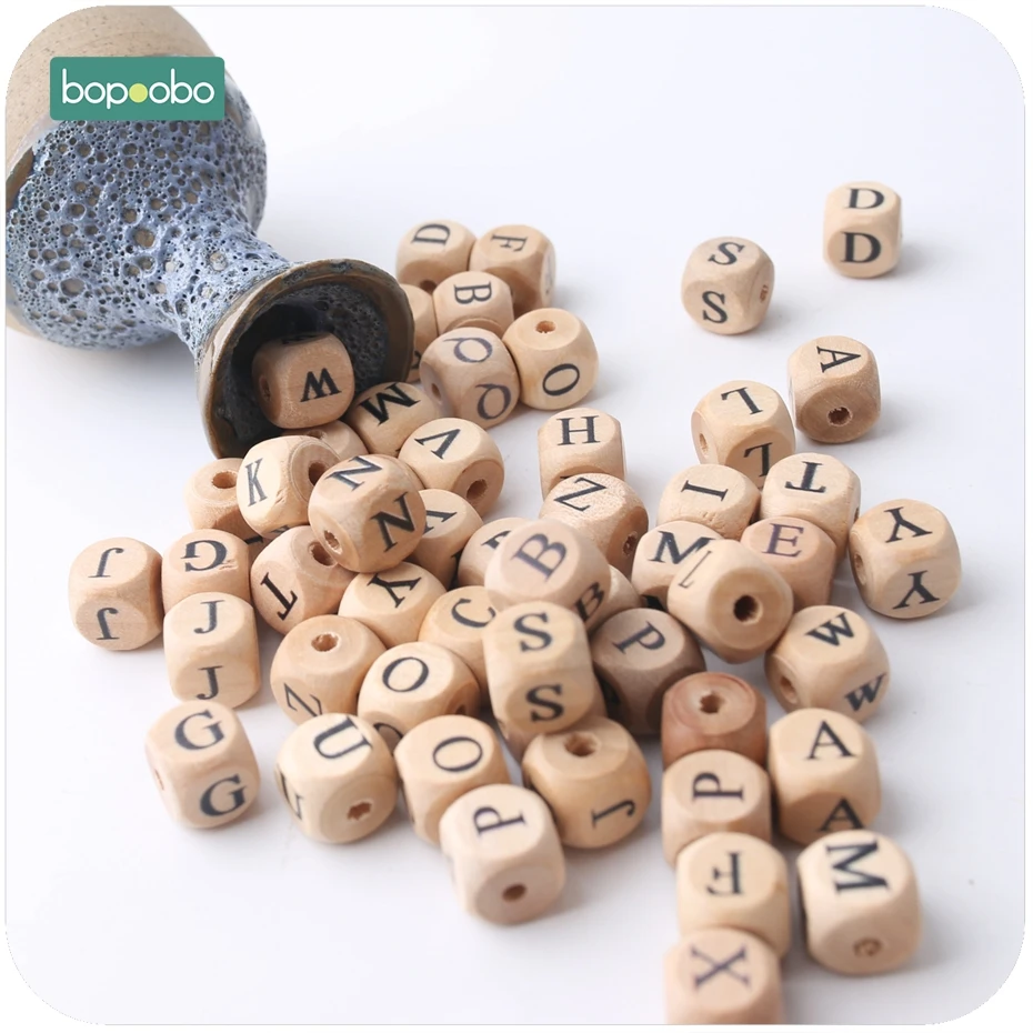 Bopoobo 새로운 나무 메이플 스퀘어 모양의 비즈 12mm 20pc 씹는 음식 학년 Teether 편지 비즈 DIY 공예 감각적 인 씹는 장난감