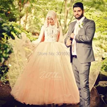 Oumeiya OW511 Pink Tulle Heavy Beaded High Neck Long Sleeve Hijab Muslim Wedding Gown 2016