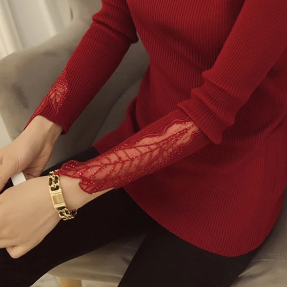 Elegant long-sleeved beaded women's lace shirt crochet shirt mesh shirt women's clothing S-5XL