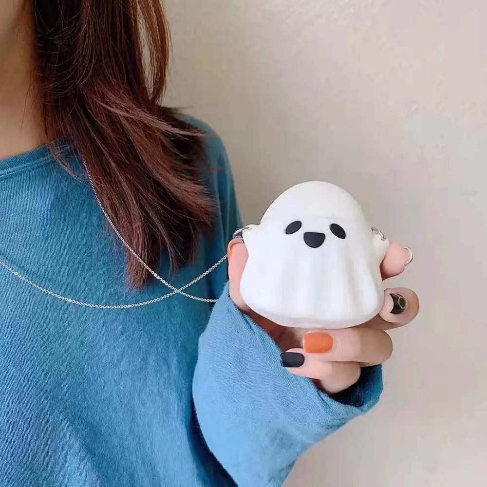 

Cute ghost for airpods 2 Protective case for Apple Wireless Bluetooth Headphone Protection Cover box Long rope Silicone shell