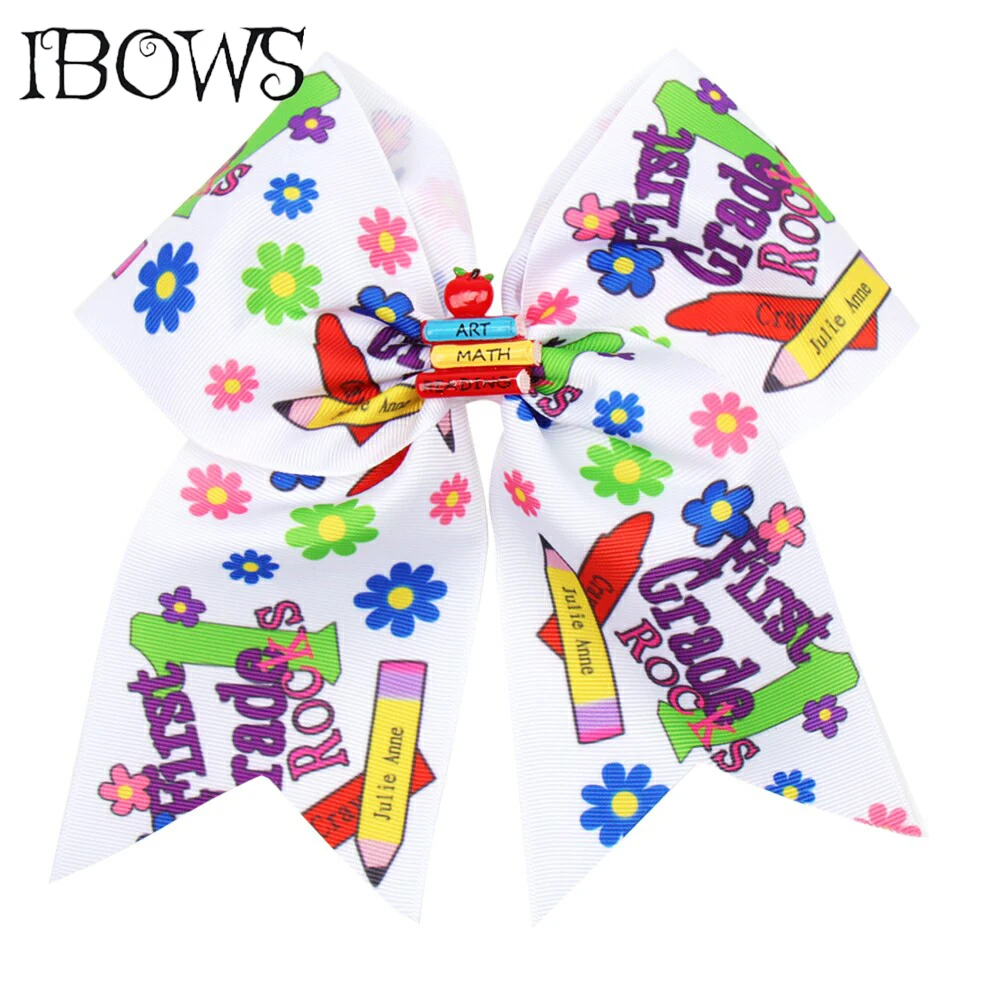 

7'' BACK TO SCHOOL Cheer Bow for Girls With Clips Resin Cars Patch Hair Bow for Students Print Grosgrain Ribbon Hair Accessories