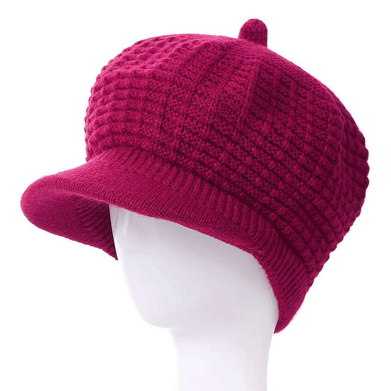Новинка, зимние шапки для женщин, модная шапка, сохраняющая тепло, женская шапка, высокое качество, рисунок в клетку, вязаная шапка из кроличьего меха - Цвет: Wine Red