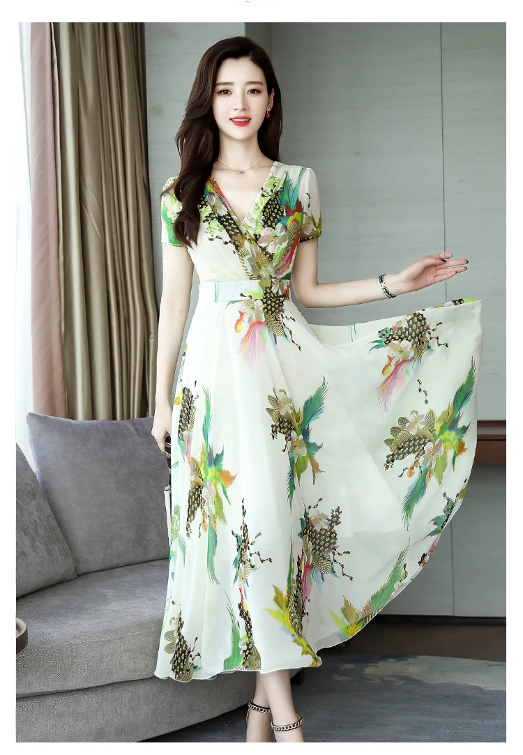 Новое летнее платье женское винтажное длинное шифоновая с цветочным принтом пляжное платье высокого качества сексуальное с v-образным вырезом тонкое вечерние платье макси 526