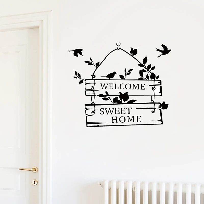 Welcome Sweet Home Door Sign Letters Birds Pattern Wall Stickers Accessories Vinyl Living Room Indoor Decor Wall Mural Art