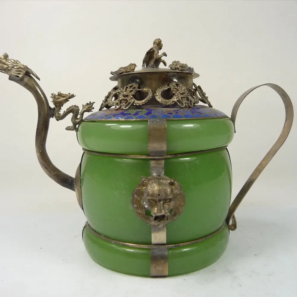 Collectible old china handwork superb jade teapot armored dragon lion monkey 