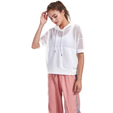 С капюшоном женские футболки для йоги Черные Сетчатые спортивные Фитнес белая футболка для занятий спортом, быстросохнущая Blusa Esportiva Feminina Топ для йоги