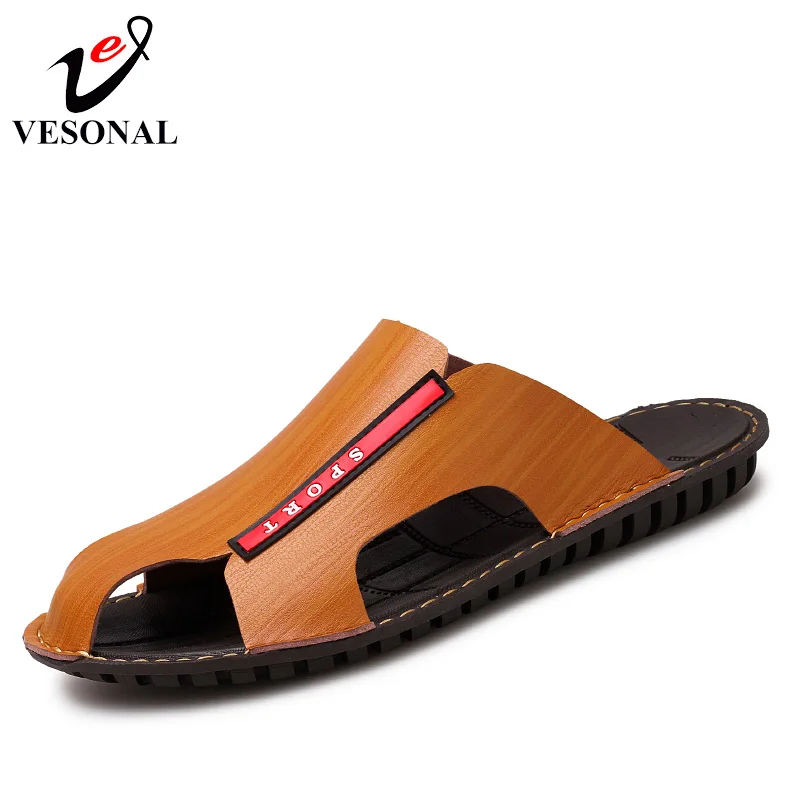 

VESONAL 2018 New Summer PU Leather Indoor Slides Slippers Men Shoes Casual Fashion Male Beach home house bathroom shoes Soft
