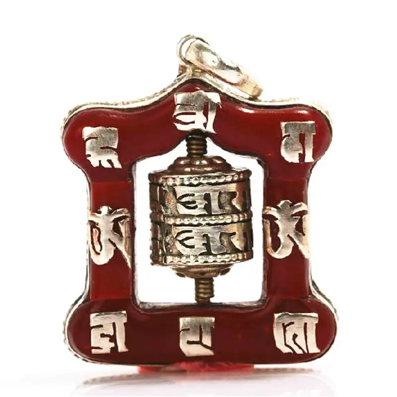 

TBP728 Tibet Mantras Amulet Pendant White Metal Copper Inlaid Colorful Stone Spin Wheel Amulets