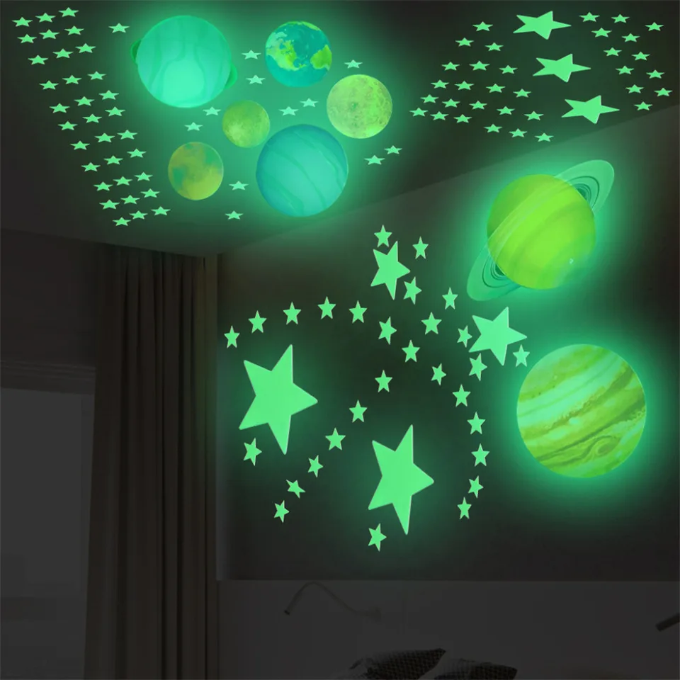 1set Glow In The Dark Luminous Round Planets Star Pvc Wall Luminous Round Planets Star Pvc Wall