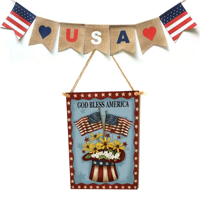 

Rustic Wooden Happy God Bless America Flower Sign Plaque Independence Day Room Home Decoration Collection Gift