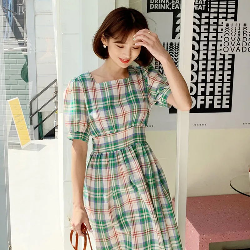 

Uego French Romantic Sweet Girl's Summer Dress Cotton Linen Fashion Plaid Preppy Style Dress Slim Sashes INS Women Casual Dress