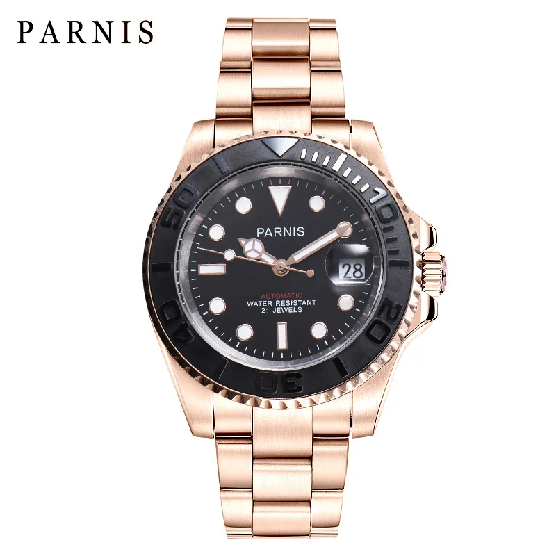 Parnis 40 мм синий с циферблатом механический мужские часы с автоматическим подзаводом керамический ободок браслет из нержавеющей стали водонепроницаемые мужские часы настенные часы - Цвет: rose gold black